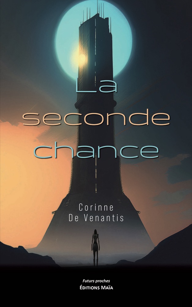Couverture de La seconde chance de Corinne de Venantis : une tour monolithique se découpant devant une lune de jade.